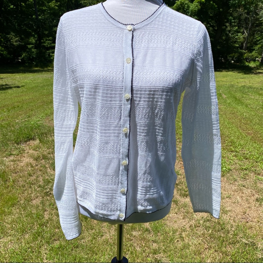 CARLISLE SWEATER CARDIGAN BUTTON FRONT POINTELLE KNIT SHEER WHITE BLACK SIZE S